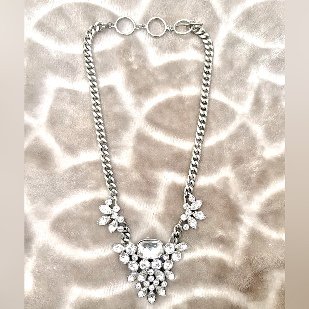 Chunky necklace, large sparkly crystal details, silver, adjustable